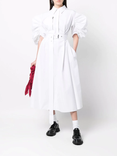 Alexander Mcqueen Puff-sleeve Belted Cotton Shirt Dress In Weiss