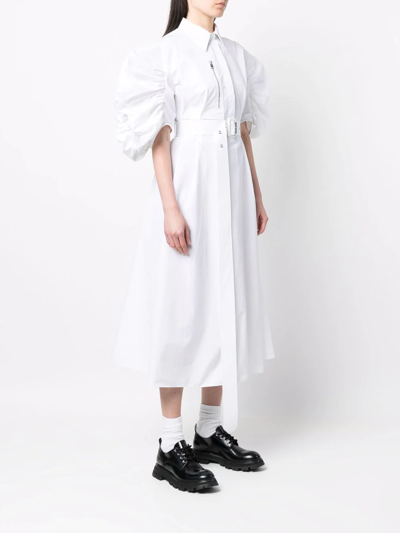 Alexander Mcqueen Puff-sleeve Belted Cotton Shirt Dress In Weiss