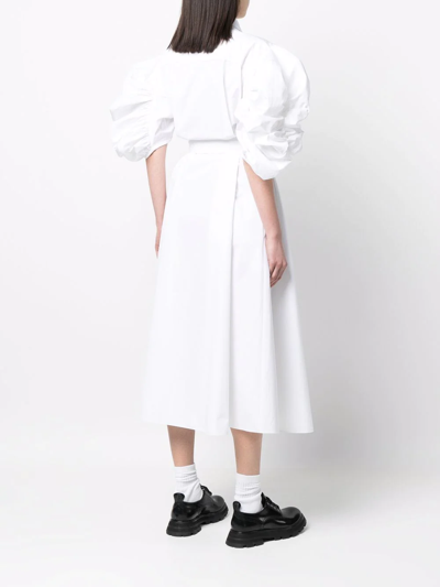 Alexander Mcqueen Puff-sleeve Belted Cotton Shirt Dress In Weiss