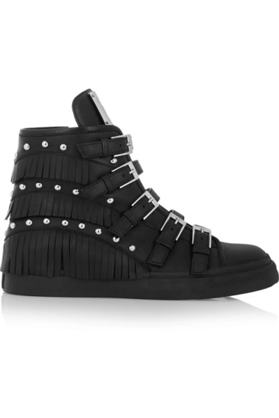 Giuseppe Zanotti Studded Leather Buckle & Fringe High-top Sneakers In Black