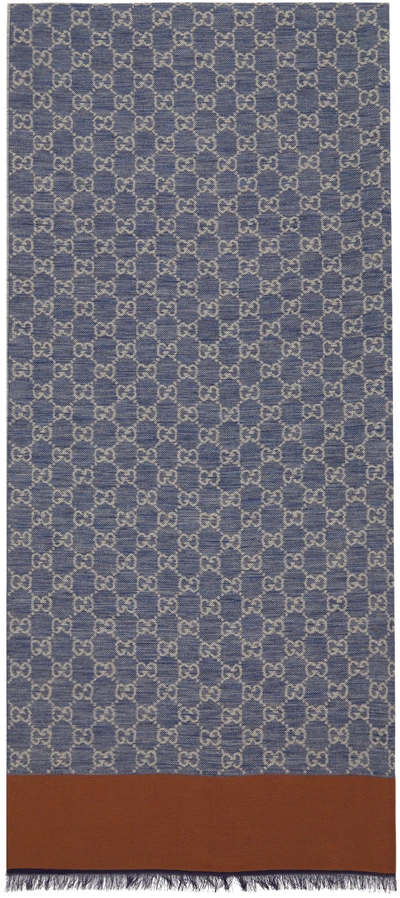 Shop Gucci Blue Cotton Jacquard Gg Scarf In 4178 Navy Ivory