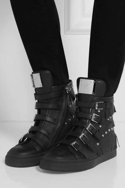 Shop Giuseppe Zanotti Fringed Studded Leather Wedge Sneakers In Black