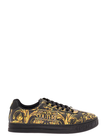 Shop Versace Jeans Couture Man's Leather Baroque Printed Sneakers In Black