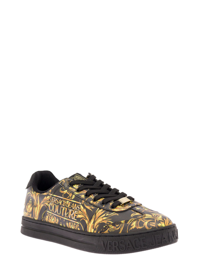 Shop Versace Jeans Couture Man's Leather Baroque Printed Sneakers In Black