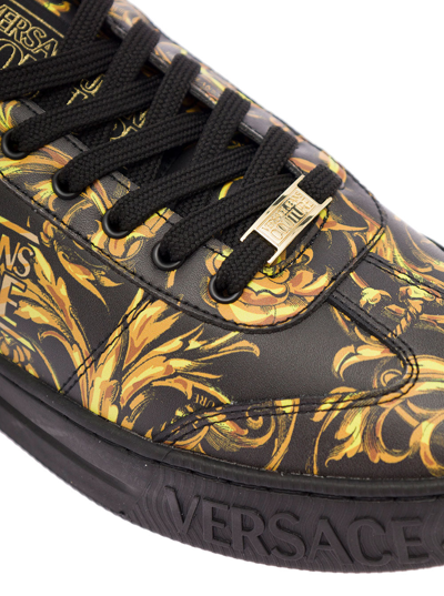 Shop Versace Jeans Couture Man's Leather Baroque Printed Sneakers In Black