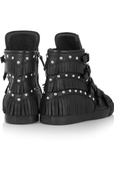 Shop Giuseppe Zanotti Fringed Studded Leather Wedge Sneakers In Black