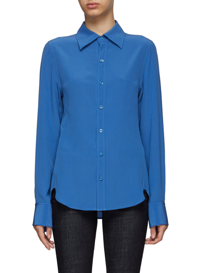 Shop Saint Laurent Pleated Sleeve Silk Shirt In Blue