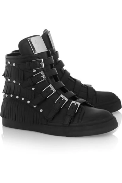 Shop Giuseppe Zanotti Fringed Studded Leather Wedge Sneakers In Black