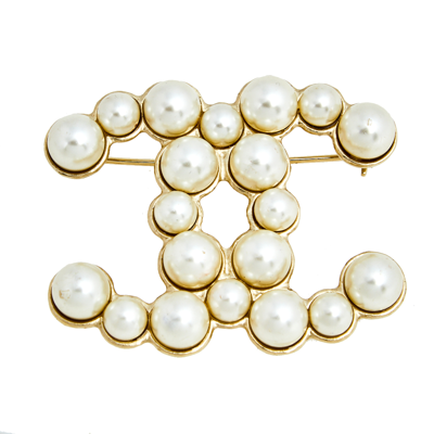Pre-Owned Chanel Gold-Tone Signature CC Pearl & Chain Brooch Pin