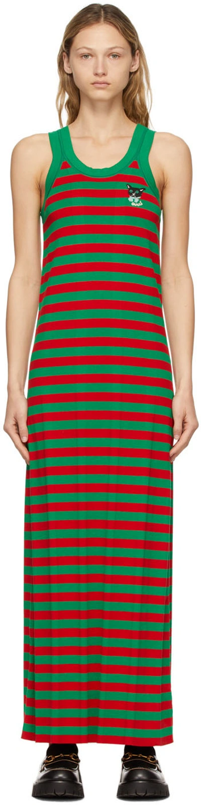 Shop Gucci Green & Red Striped Cat Patch Dress In 3343 Green/red