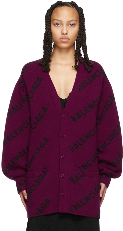 Shop Balenciaga Purple All Over Logo Cardigan In 5272 Purple/black