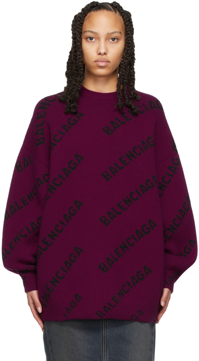Shop Balenciaga Purple All Over Logo Sweater In 5272 Purple/black