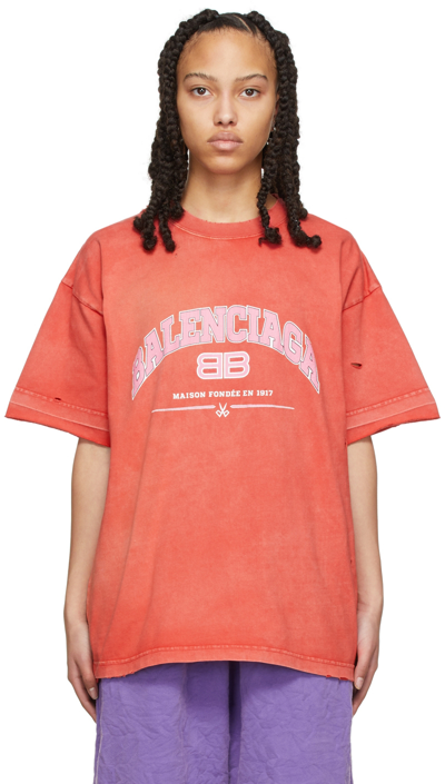 Balenciaga Distressed Logo Print Cotton T-shirt In Red