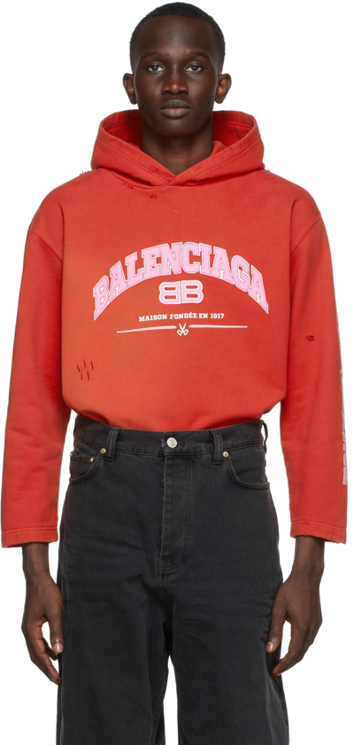 Shop Balenciaga Red 'maison ' Cropped Hoodie In 6441 Cardi Red/ornge