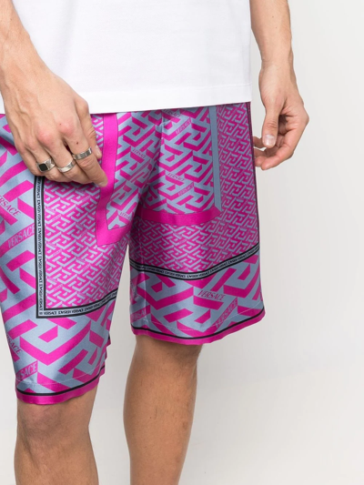 Shop Versace La Greca Panelled-print Bermuda Shorts In Pink