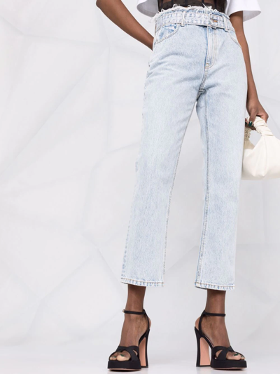 Shop Alexander Wang Belted Frayed Straight-leg Jeans In Blue