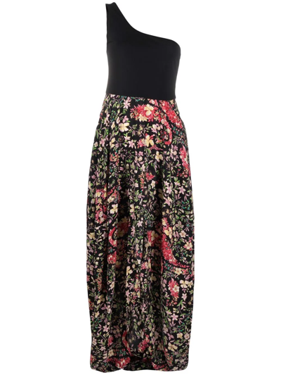 Shop Etro One-shoulder Floral-print Midi Dress In Black