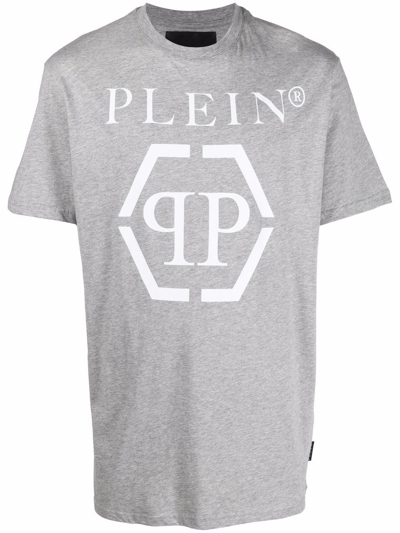 Shop Philipp Plein Hexagon Logo-print Cotton T-shirt In Grey