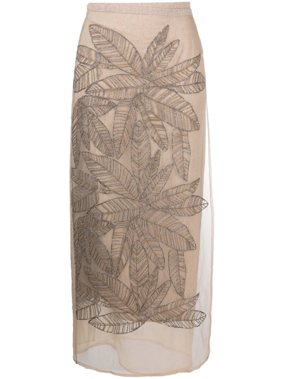 Shop Brunello Cucinelli Bead-embroidered Midi Skirt In Neutrals