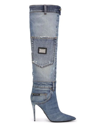 Shop Dolce & Gabbana Patchwork-denim Knee-length Boots In Blue