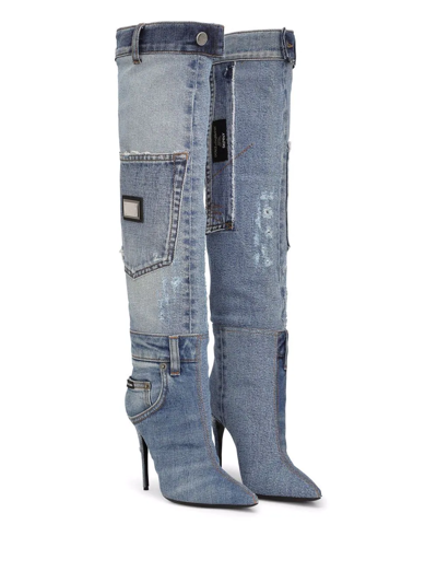 Shop Dolce & Gabbana Patchwork-denim Knee-length Boots In Blue