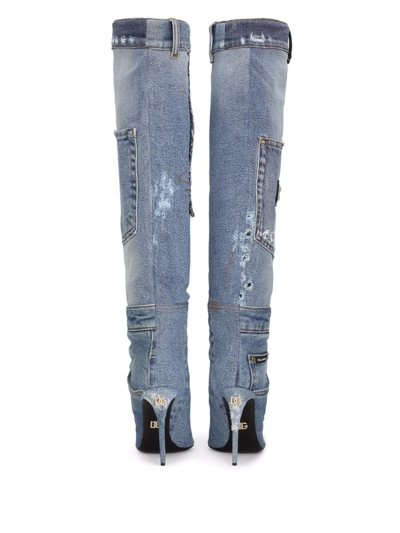 Shop Dolce & Gabbana Patchwork-denim Knee-length Boots In Blue