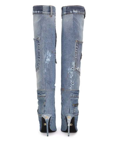 Dolce & Gabbana Blue Jean Denim Patchwork Stiletto Boots In Blue