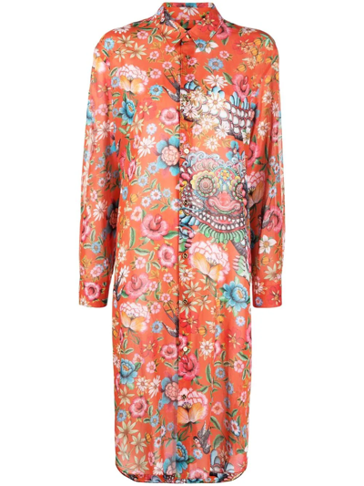 Shop Junya Watanabe Floral-print Shirt Dress In Orange