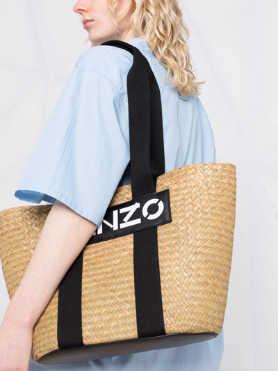 Shop Kenzo Logo Patch Raffia Tote Bag In Neutrals