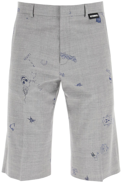 Shop Vetements Scribbled Wool Shorts In Grey,blue