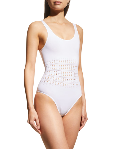 Shop Alaïa Laser-cut Corset One-piece Swimsuit In Optic White