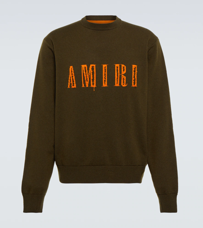 Shop Amiri Logo Jacquard-knit Cashmere Sweater In Military/nastrium