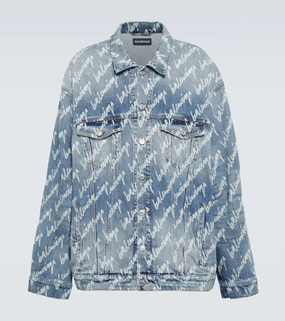 Shop Balenciaga New Scribble Denim Jacket In Light Blue