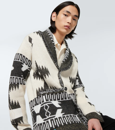 Shop Alanui Icon Jacquard-knit Cashmere-blend Cardigan In Chalk Beig
