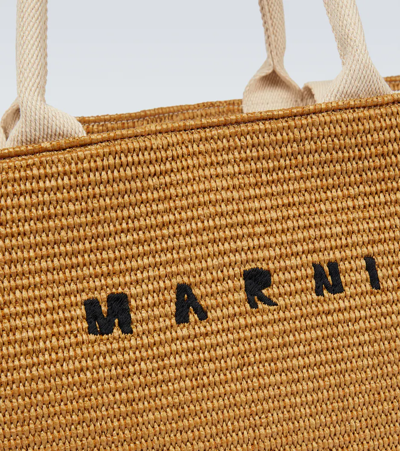 Shop Marni Logo-embroidered Raffia Tote In Raw Sienna/natural