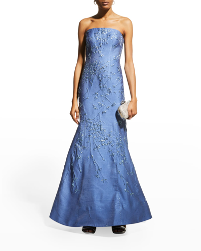 Shop Rene Ruiz Strapless Floral Jacquard Bustier Gown In Blue