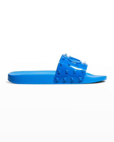 Shop Valentino Men's Summer Vlogo Signature Studded Slide Sandals In Brt Blue