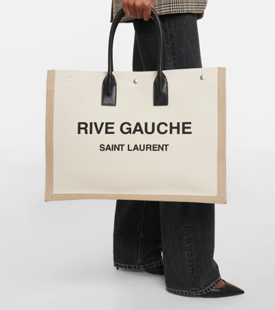 Shop Saint Laurent Rive Gauche Canvas Tote In Greggio/naturale/nero