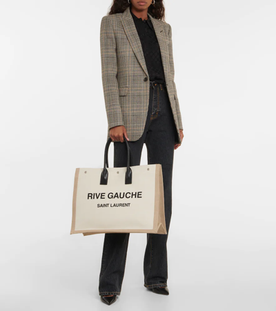 Shop Saint Laurent Rive Gauche Canvas Tote In Greggio/naturale/nero