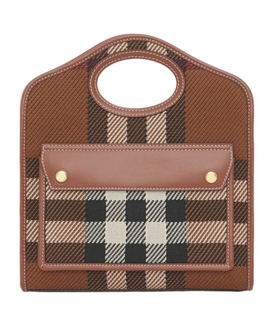 Shop Burberry Mini Check Pocket Top-handle Bag In Brown