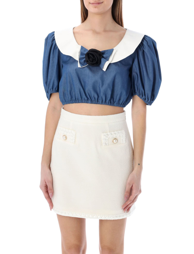 Shop Alessandra Rich Cotton Chambray Cropped Top With Bow In Blue