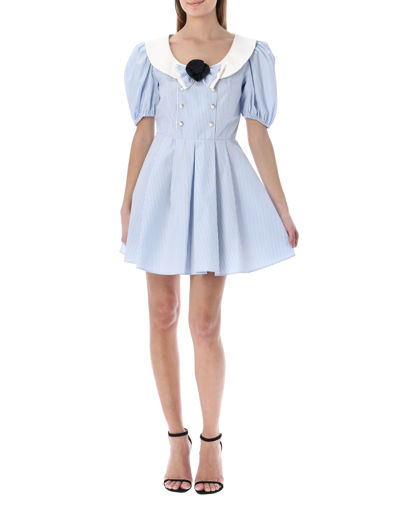 Shop Alessandra Rich Pinstripe Cotton Poplin Mini Dress With Bow In Light Blue White