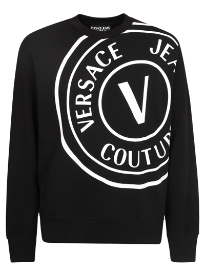 Shop Versace Jeans Couture Logo Print Round Neck Sweatshirt In Black