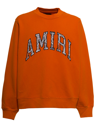 Shop Amiri Man Orange Jersey Sweatshirt With Bandana Logo