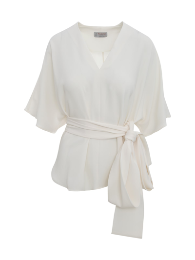 Shop Alberto Biani Blouse With V Neck And Belt In Bianco