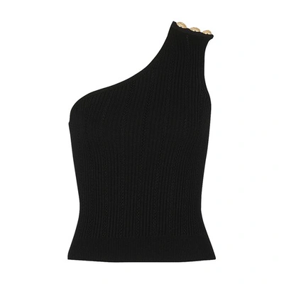 Shop Balmain Asymmetrical Knit Crop Top In 0pa Noir