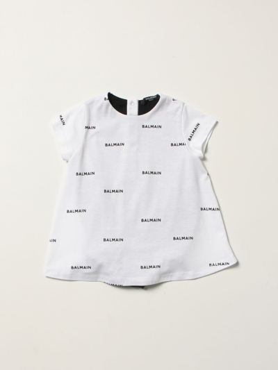 Shop Balmain Romper Dress With All-over Logo In White