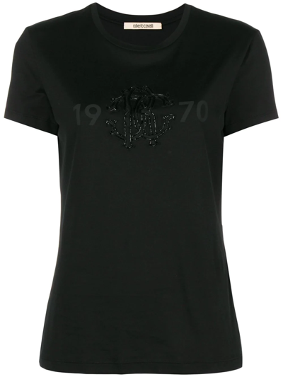 Shop Roberto Cavalli Embellished Logo T-shirt In Black