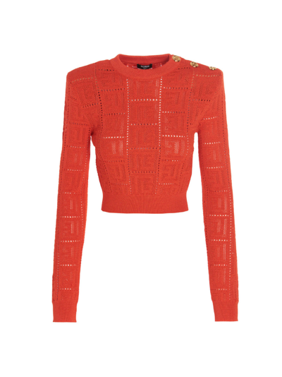 Shop Balmain Monogram Cropped Sweater In Orange
