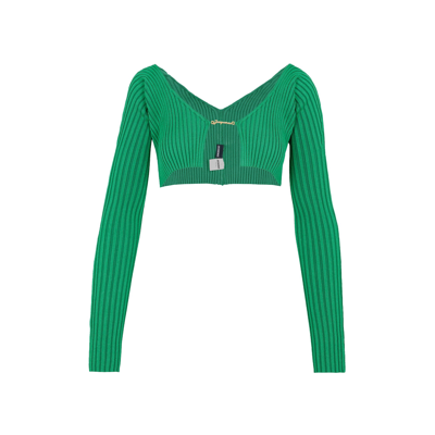 Shop Jacquemus Ribbed Knit Cropped Cardigan In Green